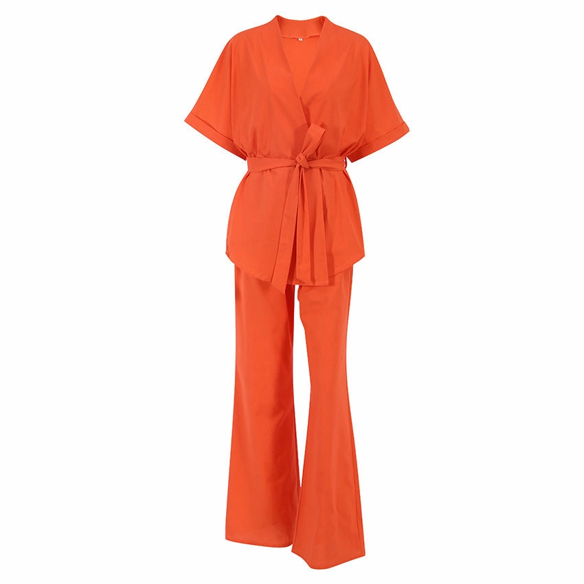 Sporty Dance Cotton And Linen Short-sleeved Trousers Two-piece Set Belt Design Casual Women's Clothing
