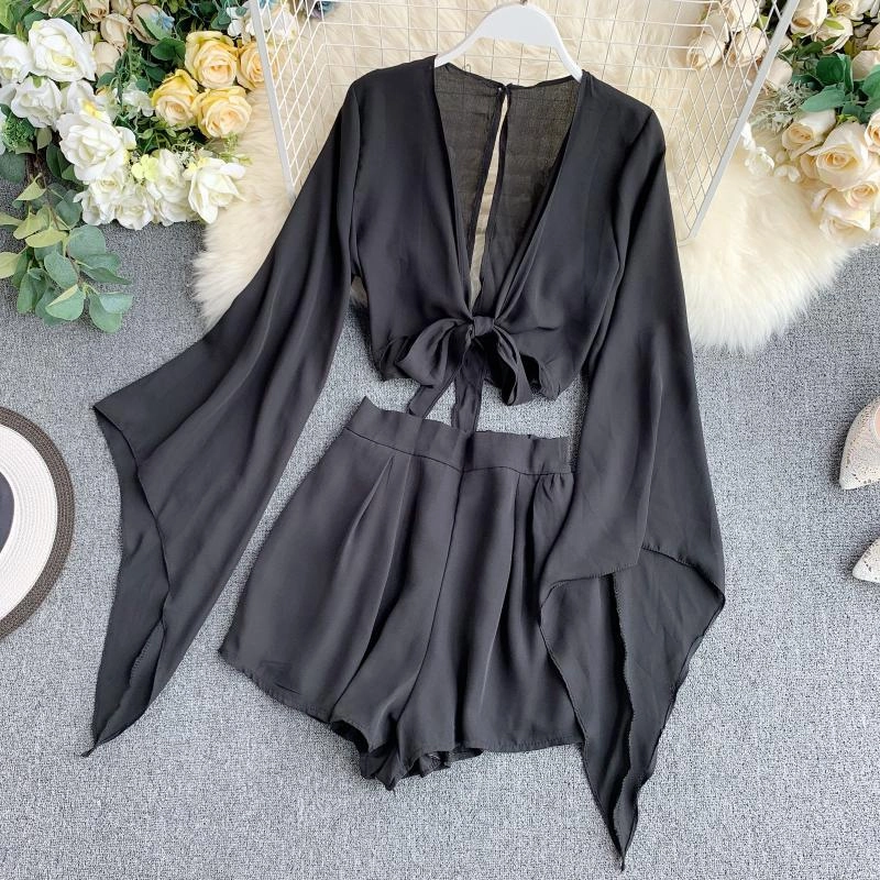 Wedding Picnic Eco Cozy New Design Sense Bell Sleeve Chiffon Shirt High Waist Wide Leg Shorts Western Style Two-piece Suit