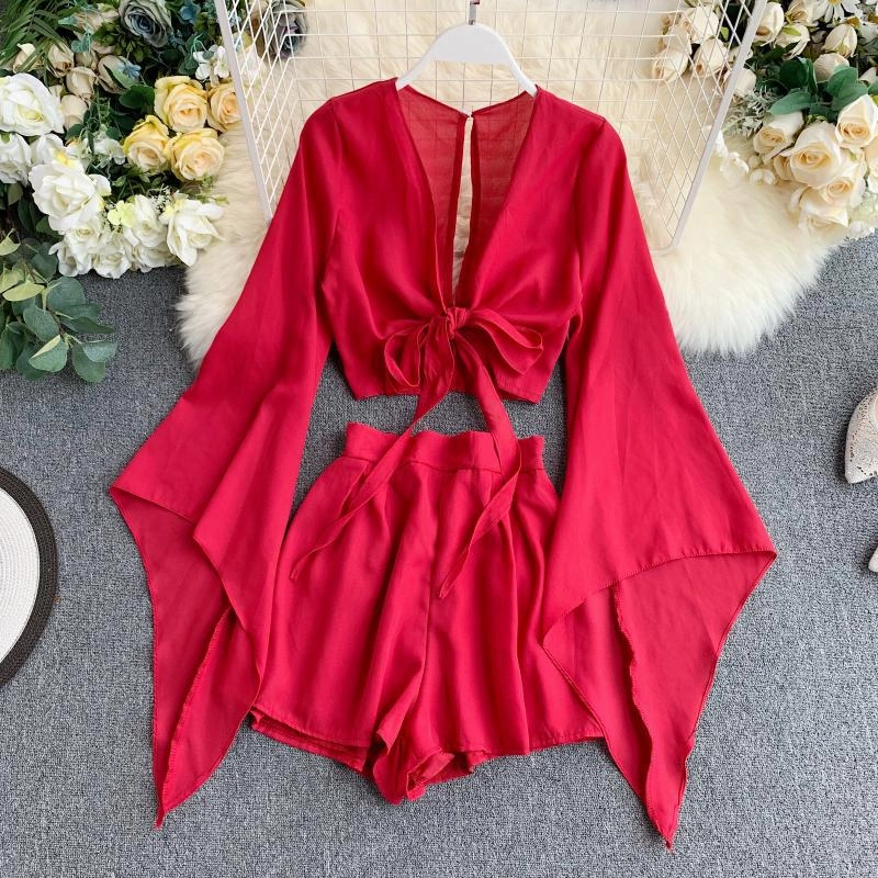 Running Beach New Design Sense Bell Sleeve Chiffon Shirt High Waist Wide Leg Shorts Western Style Two-piece Suit