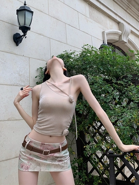 Night Worker Active Teen Champagne Cross Rose Shoulder Strap Top Low Waist Short Skirt Two-piece Suit