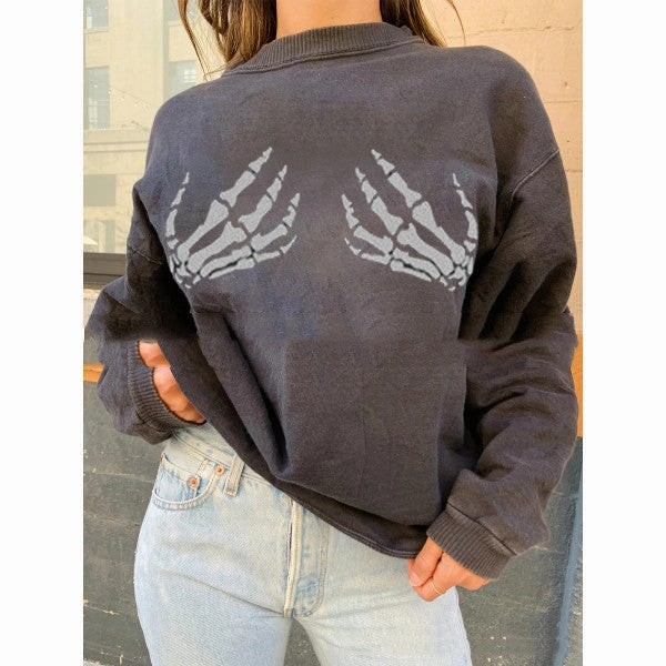 New Fashion Sweater Female White Bone Hand Print Loose Travel Active