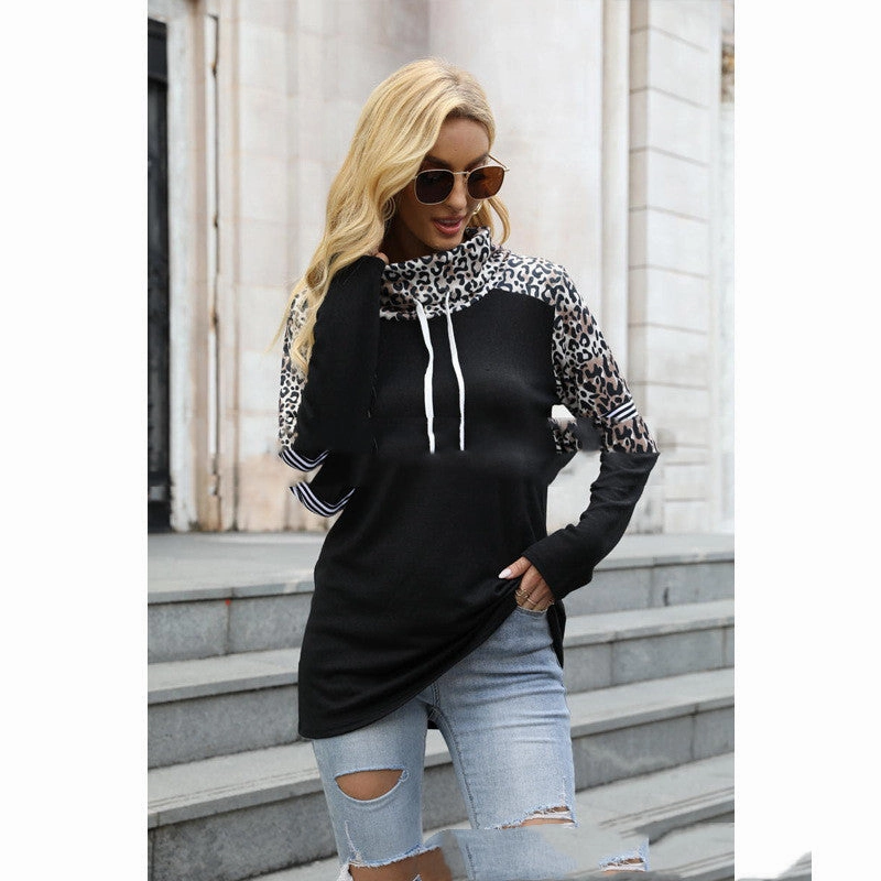 New Leopard Color Contrast High Neck Long Sleeve Sweatshirt Chic Design