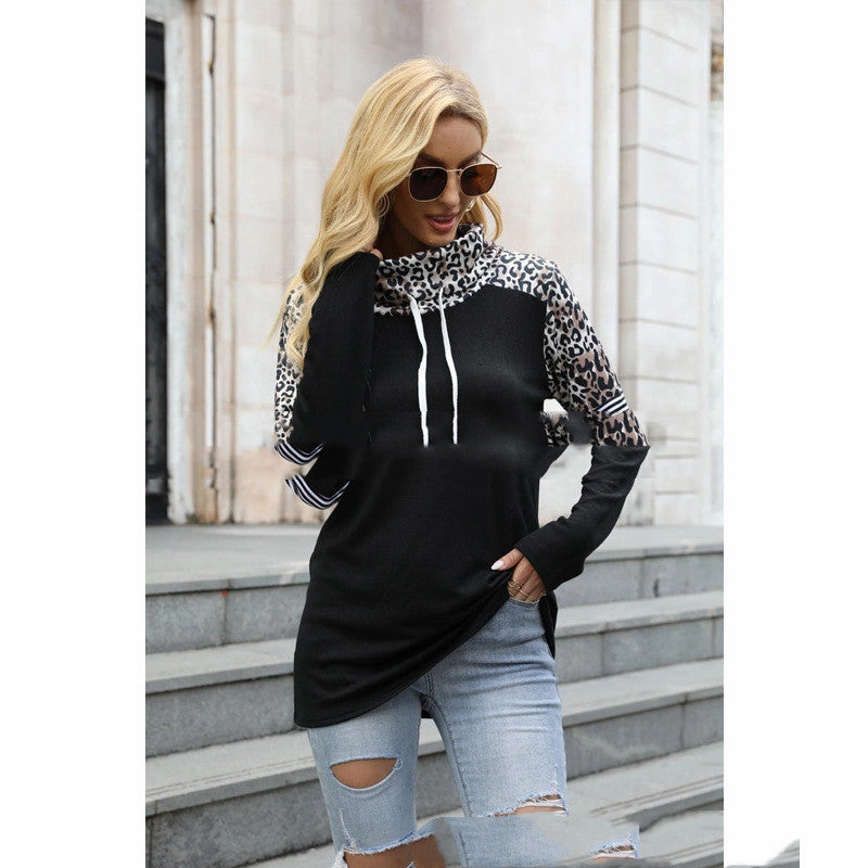 Timeless Active New Leopard Color Contrast High Neck Long Sleeve Sweatshirt