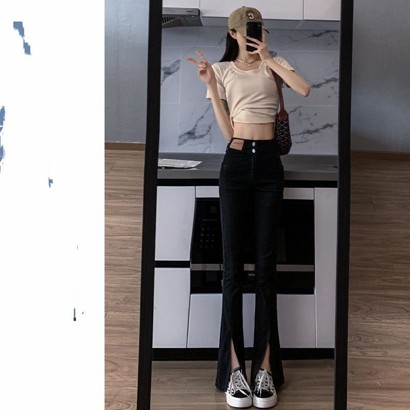 New Spring And Fall Straight High Waist Thin Wide Leg Slit Micro Flare Black Perfect Basic Riveted Stress Points