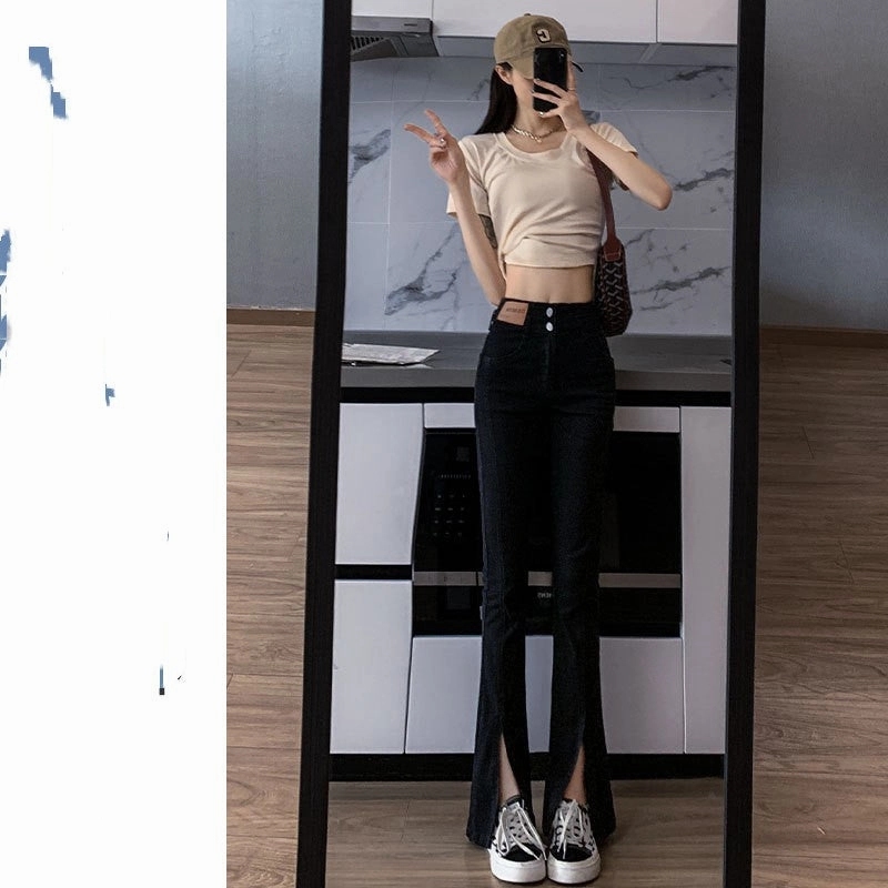 Leisure Wear Elegant Travel Outfit Minimalist Style New Spring And Fall Straight High Waist Thin Wide Leg Slit Micro Flare Black