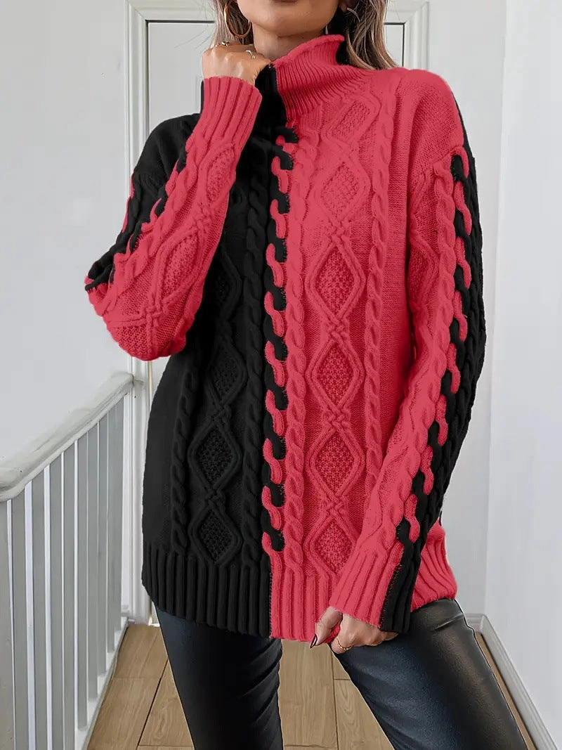 New Women's Fashion Color Contrast Stitching Symmetrical High Collar Loose Sweater Abrasion Resistant Finish