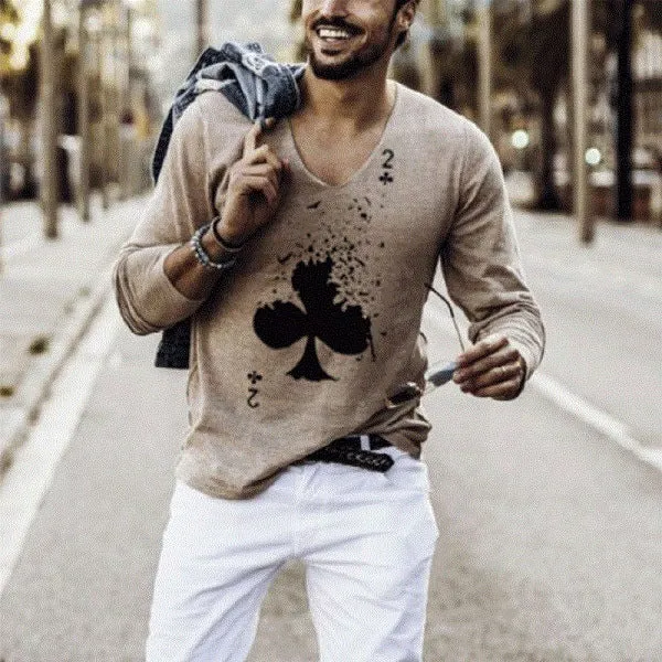 Elastic Mens T-Shirt V-Neck Long Sleeve Men T Shirt Relaxed Waistband Heathered Fabric