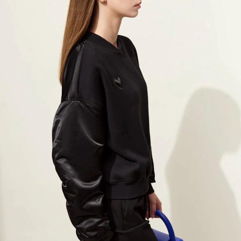 Wide Shoulder Cut FlatlockStitching Trendy Crewneck Pullover Loose Long Sleeve Printed Top