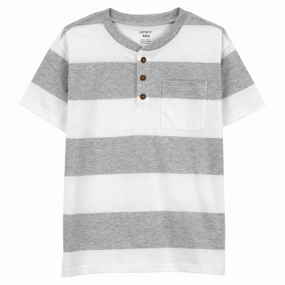 Boys' Striped Jersey Henley 2Q512 Active Fit