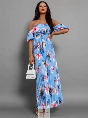 Pleated Floral Off-Shoulder Short Sleeve Midi Dress Water Fun Shimmer-Effect
