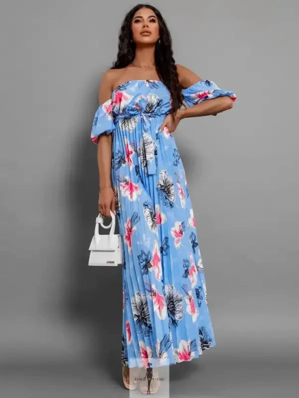 Pleated Floral Off-Shoulder Short Sleeve Midi Dress Water Fun Shimmer-Effect