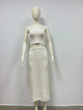 Slim Elegant One-shoulder Knitted Spaghetti-strap Camisole Top Skirt Suit