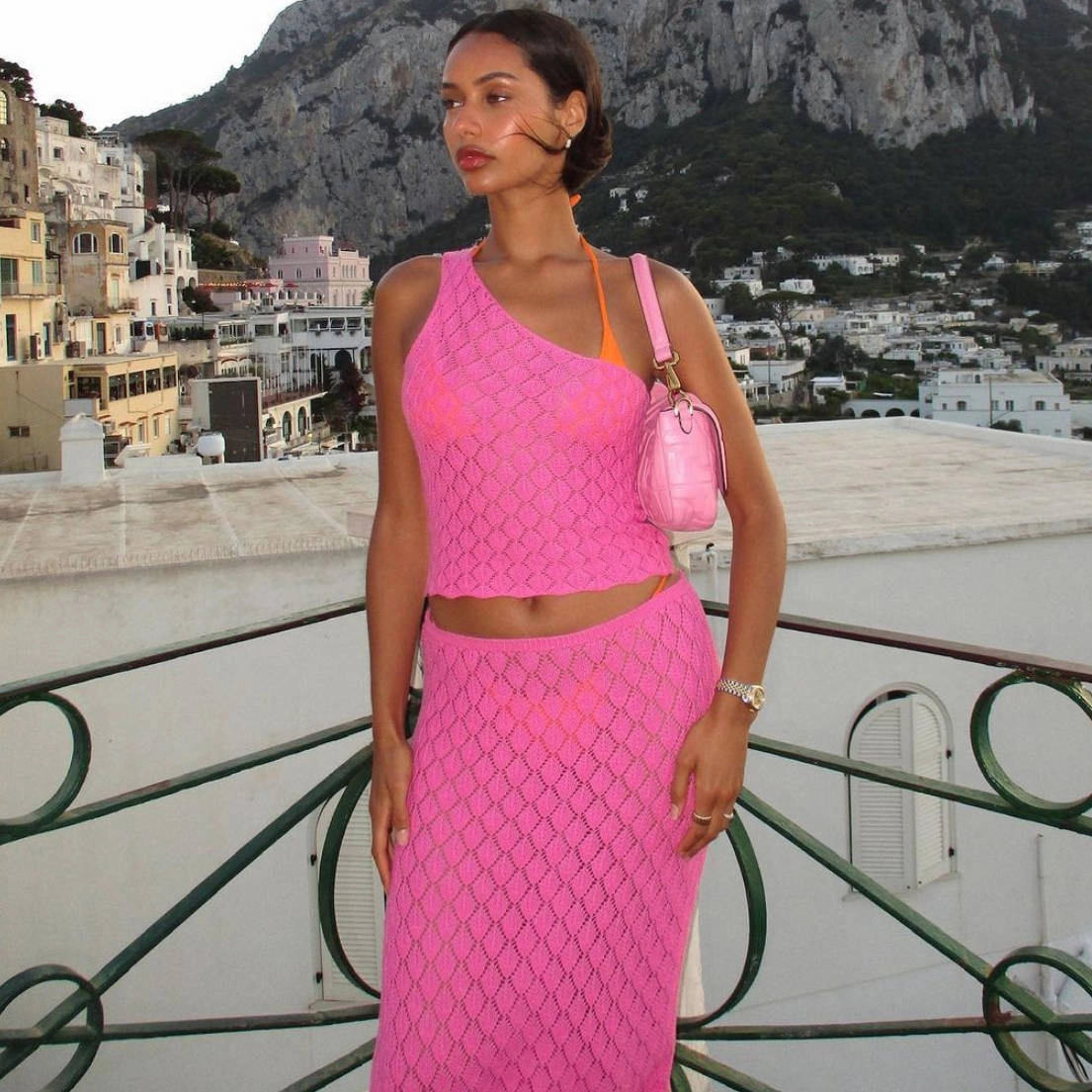 Fresh Sport Essential Teen One-shoulder Knitted Spaghetti-strap Camisole Top Skirt Suit