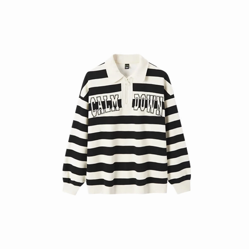 Soft Pullover Oversized Waffle Texture Striped Polo Collar Sweatshirt
