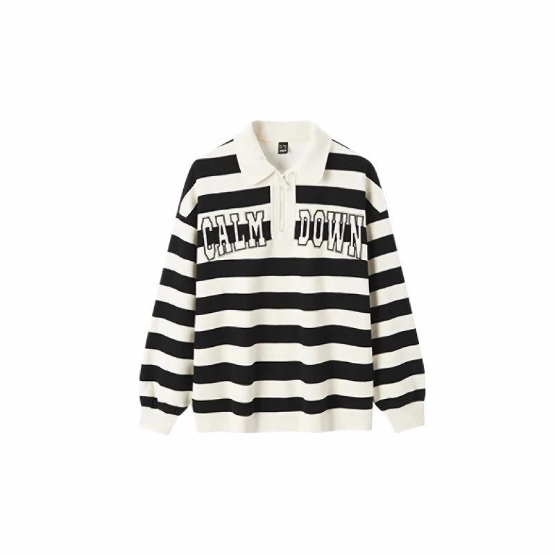Oversized Waffle Texture Striped Polo Collar Sweatshirt Tunic top