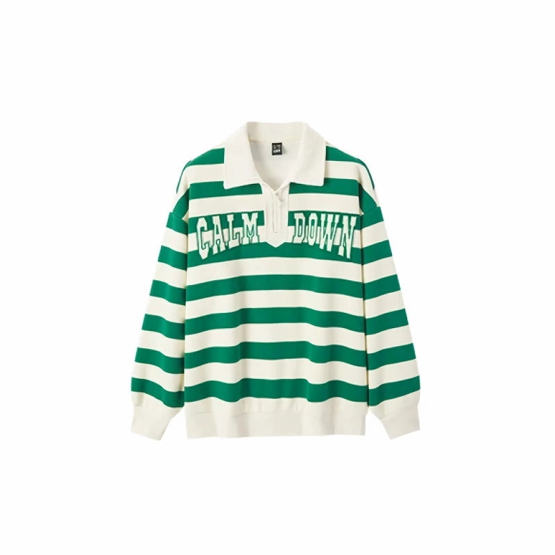 Oversized Waffle Texture Striped Polo Collar Sweatshirt RawHemDetail Comfortable Layer