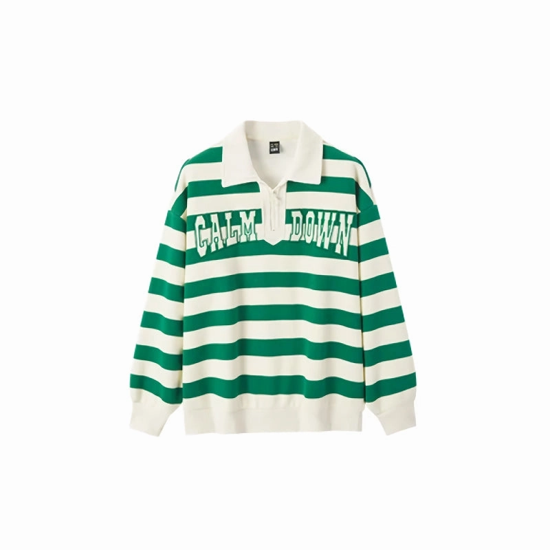 FrictionResistant Edges HypoallergenicMaterial Oversized Waffle Texture Striped Polo Collar Sweatshirt