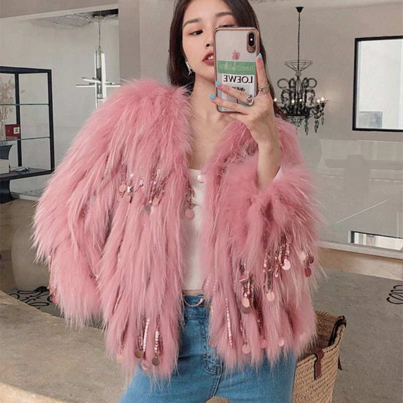 P8A Long Fur Environmental Protection Fox Fur Tassel Fur Coat Heat Reflective Layer