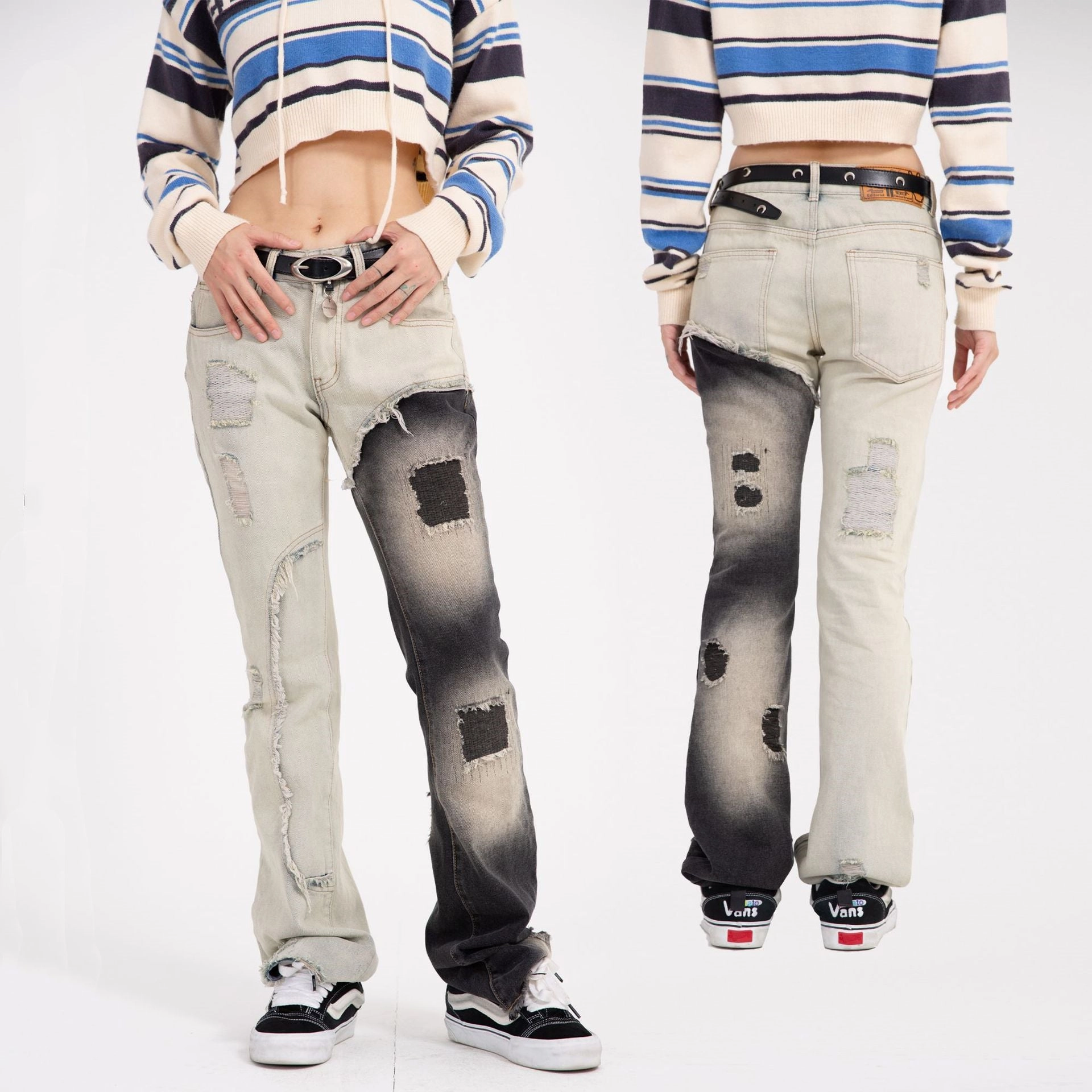 Balanced Style Fashionable Mandarin Duck Patched Jeans Female