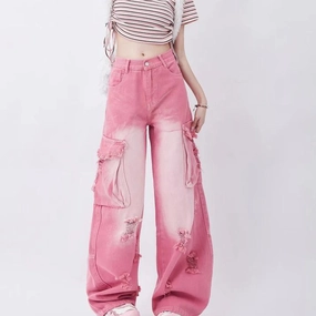 Modern Couple Look Stylish Cut Pink High Waist Wide Leg Jeans with Vintage Accents