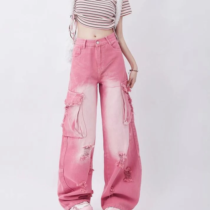 Compact Weave Technology Routine Wear Pink High Waist Wide Leg Jeans with Vintage Accents