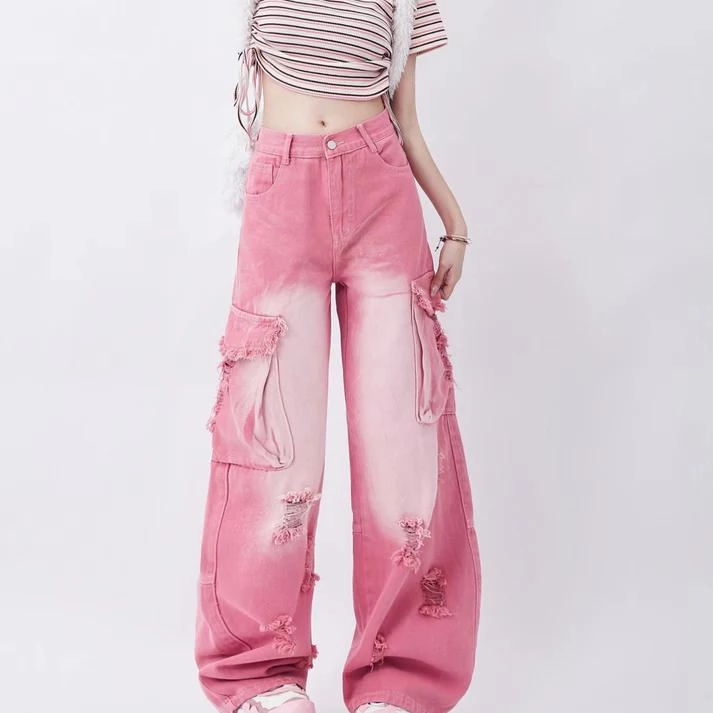 Modern Couple Look Stylish Cut Pink High Waist Wide Leg Jeans with Vintage Accents
