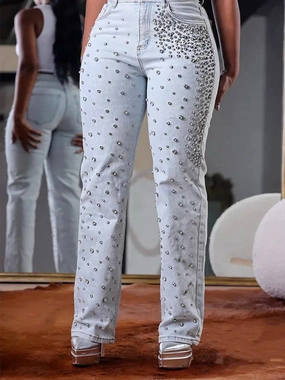 Plus Size Women's Beading Jeans High Waist Slim Casual Denim Pant Vintage Fashion 2024 Streetwear Straight Jeans Trousers Summer Air Flexible Fit