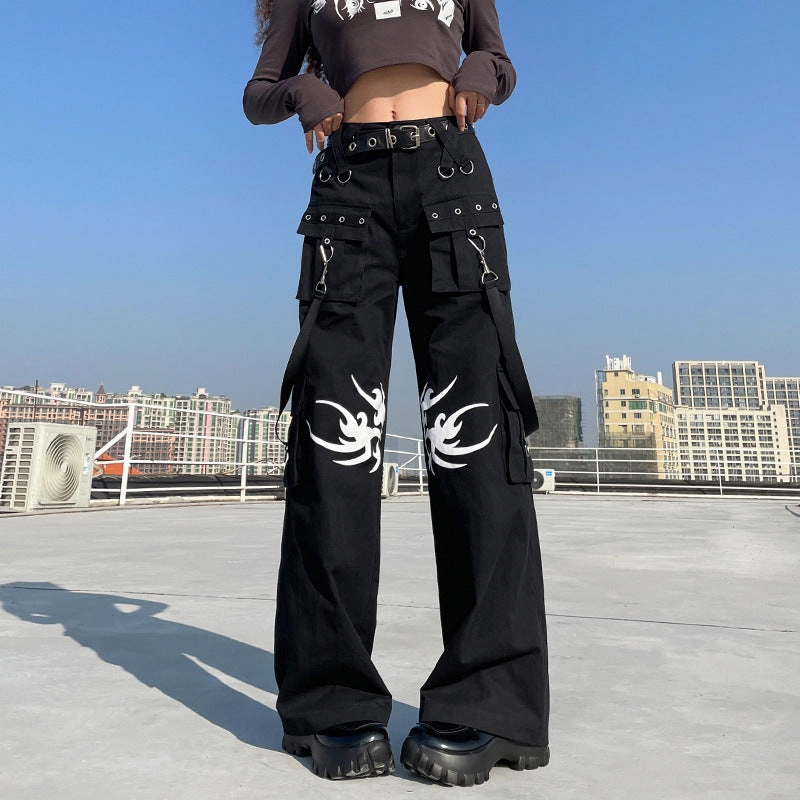 Stretch Comfort Sleek Waist Design Printed Dark Woven Pants Street Hip-Hop Ribbon Wide-Leg Pants Casual Pocket Trousers