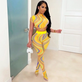 Printed Lace Up Body Stocking Casual Suit Tie-dye Waist Tether Short Sleeve Mesh Pantyhose Relax Singer Premium Dynamic