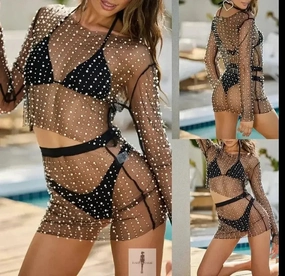 Pearls Rhinestones Cover-Ups 2 Pcs Set Sunbathing Essentials Active Swimwear