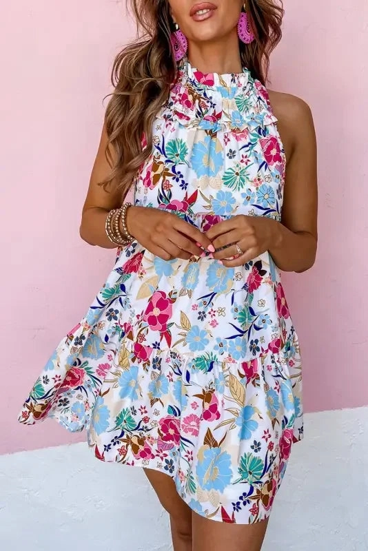 White Frill Mock Neck Floral Dress Vacation Style