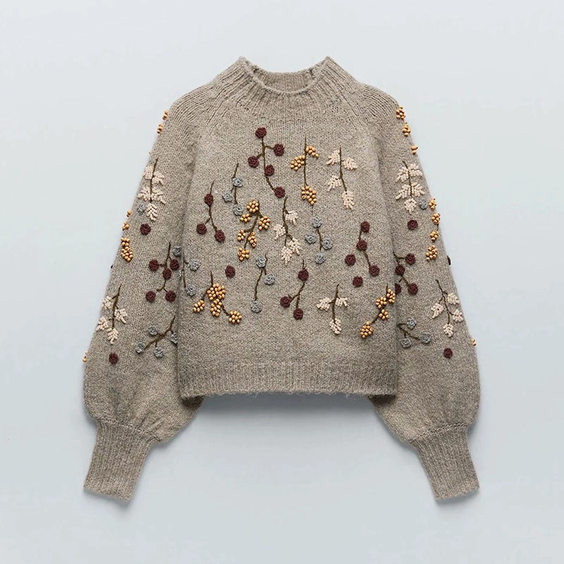 Soft Touch Texture Insulated Layer Winter Beaded Embroidery Decoration Bubble Sleeve Sweater