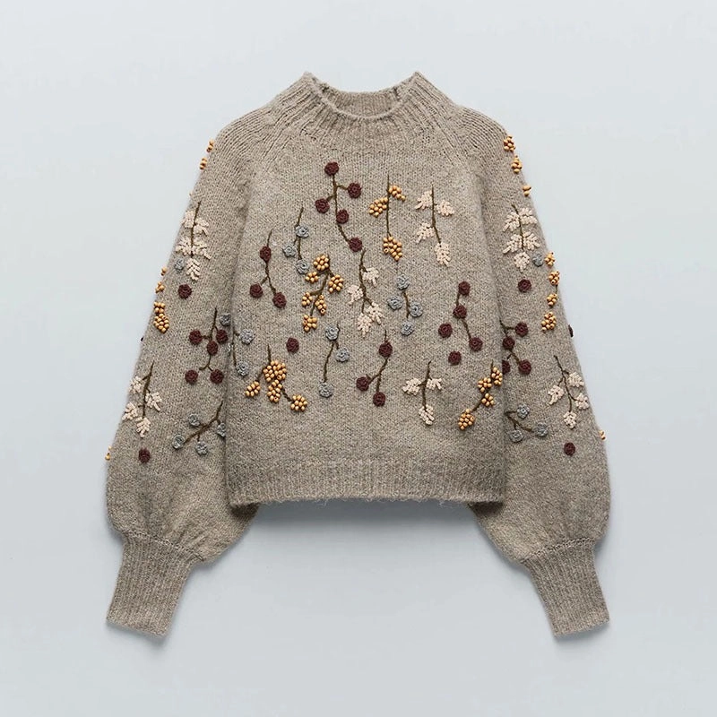 Winter Beaded Embroidery Decoration Bubble Sleeve Sweater Tear Resistant Material