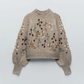 Soft Touch Texture Insulated Layer Winter Beaded Embroidery Decoration Bubble Sleeve Sweater