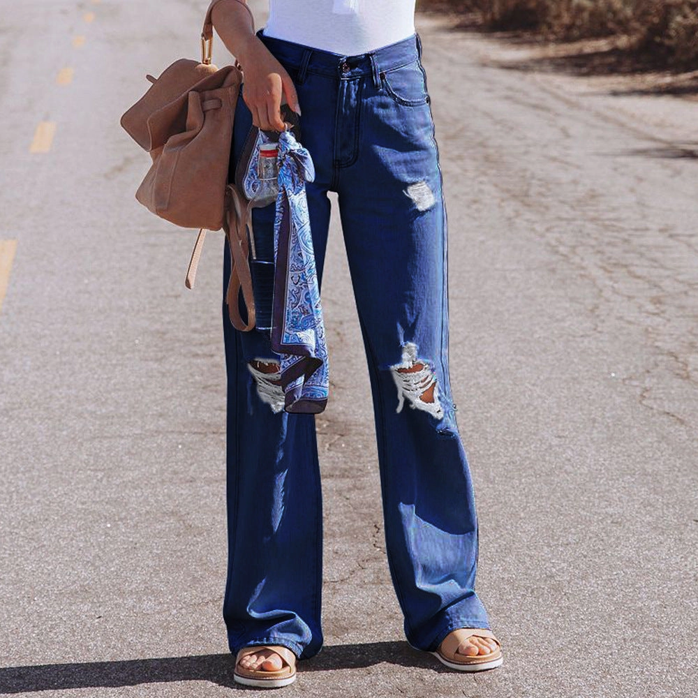 Water Washed Hole High Waist Temperament Wide-leg Jeans Sharp Vibe