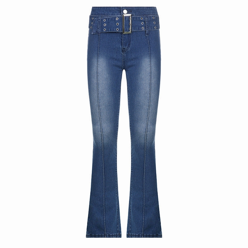 Lightweight Denim Retro Distressed Hot Girl Washed Belt Slimming Jeans