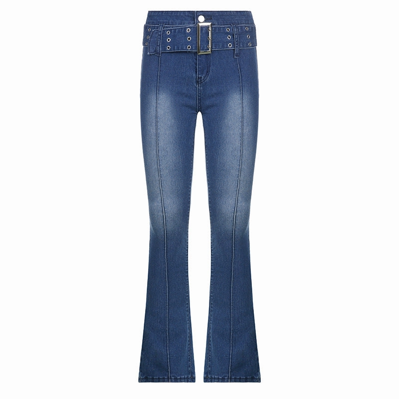 Retro Distressed Hot Girl Washed Belt Slimming Jeans Beach Day Winter Warmth Classic