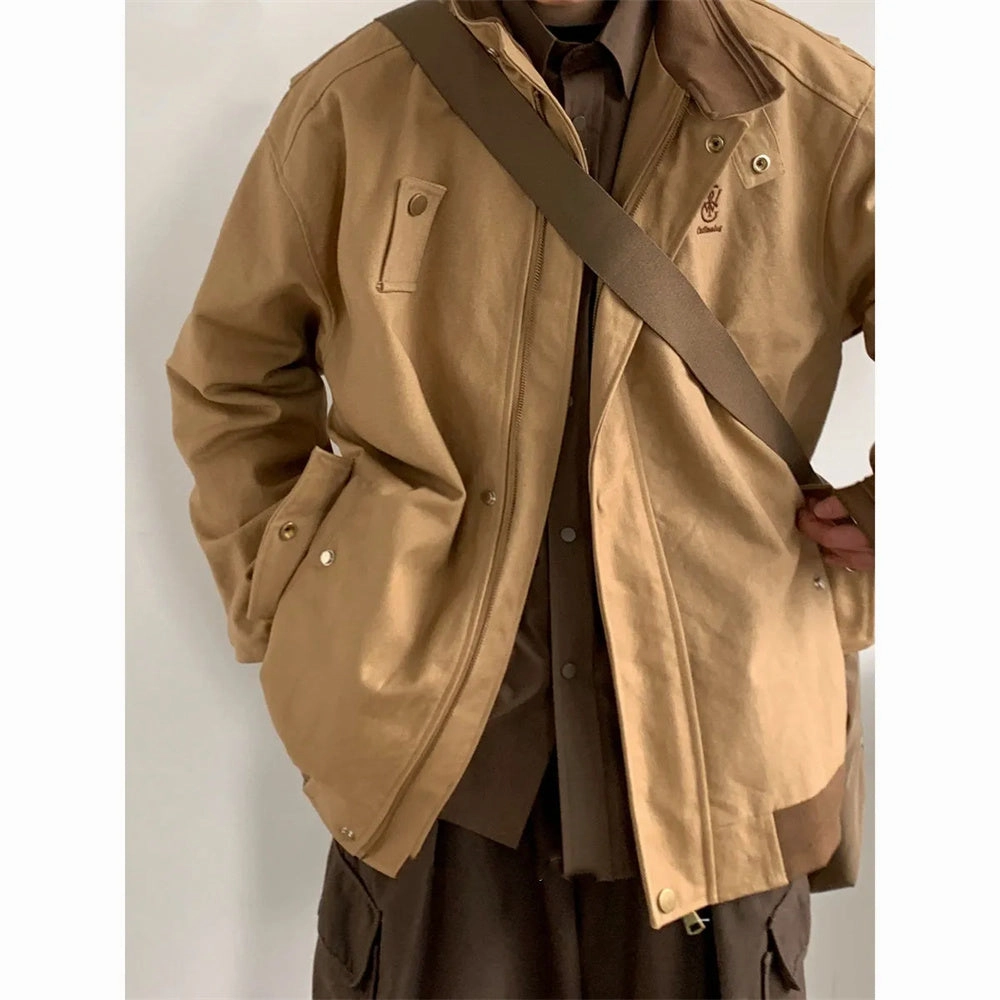 Retro Embroidery Design Workwear Coat Polo Collar Color Block Jacket Hooded Option Internal Security Pocket