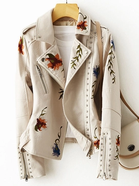 Retro Floral Print Embroidery -Faux Soft Leather Jacket -Collar "Pu" -Punk Outerwear Pull - On Streamlined