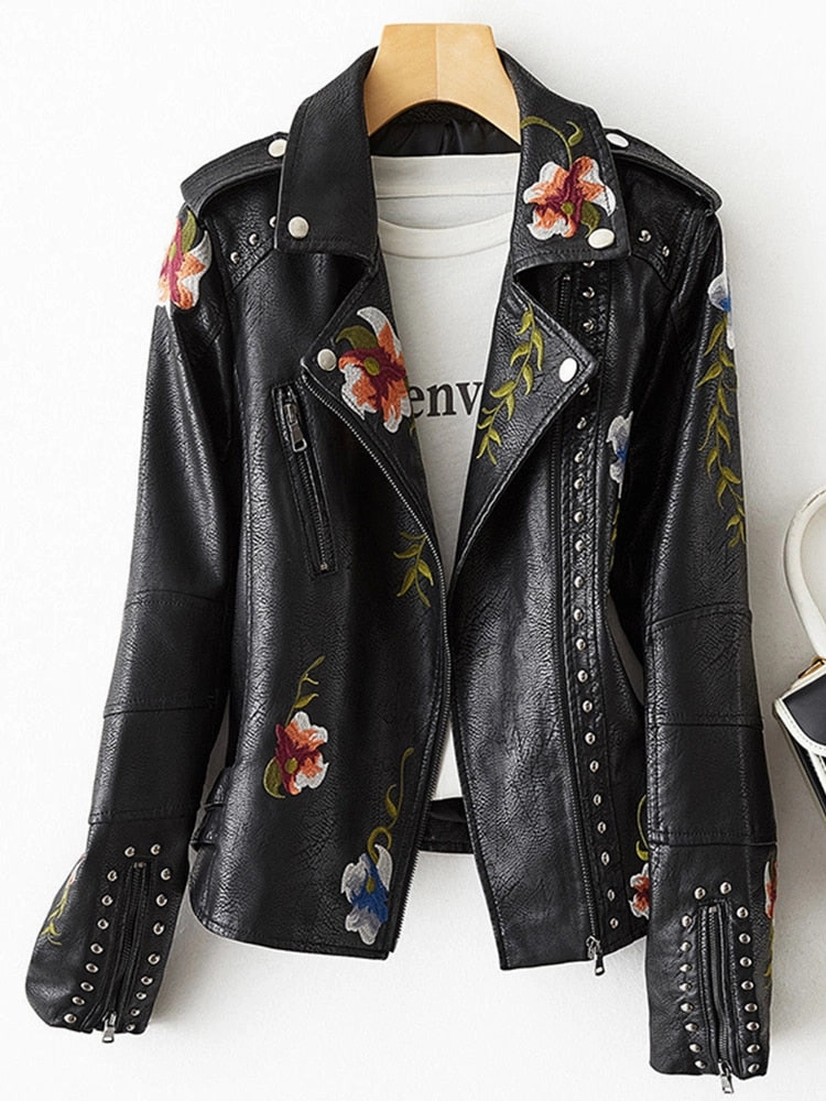 Retro Floral Print Embroidery -Faux Soft Leather Jacket -Collar "Pu" -Punk Outerwear Stylish Look Stretchable Fabric