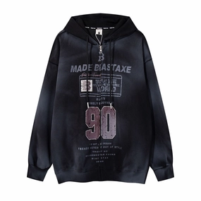 packable Layered Look Retro Hooded Sweater Distressed Tie-dyed Digital Printed Cardigan