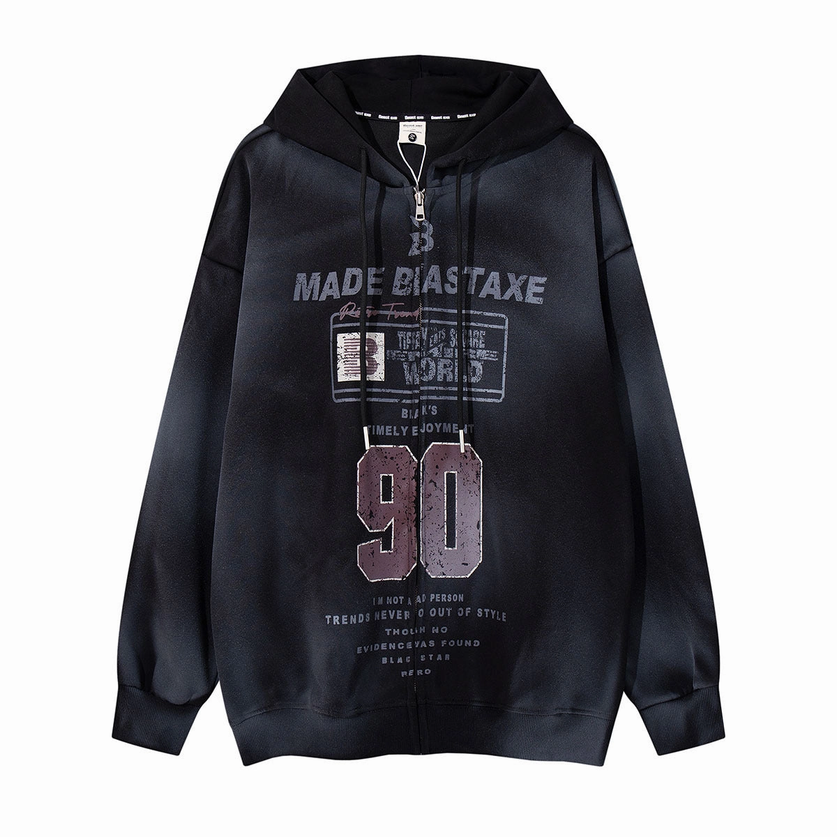 Scoop neck Retro Hooded Sweater Distressed Tie-dyed Digital Printed Cardigan