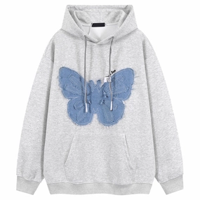 Essential Minimal Chill Vibe Retro Patch Denim Butterfly Flower Hooded Sweatshirt