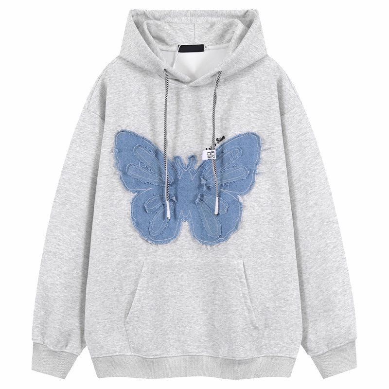Warm Clothing Designer Retro Patch Denim Butterfly Flower Hooded Sweatshirt