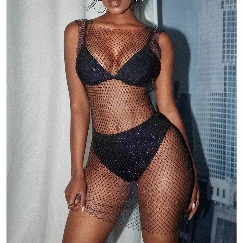 Rhinestones Beach Cover Up Ombre-Effect Stretch Fit Technology