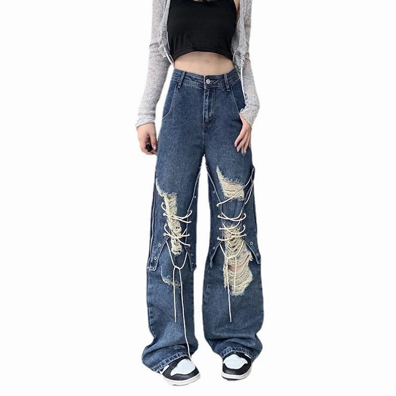 Ripped Lace-up Denim Women's High Waist Straight Wide Leg Pants Beach Day Sustainable