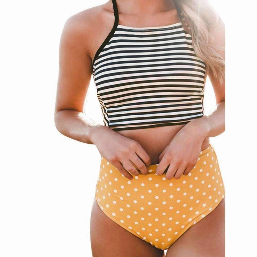 Women's Halter High Waist Bikini Swim Suit Set Quick Pull Zipper Ultra Lightweight Weave
