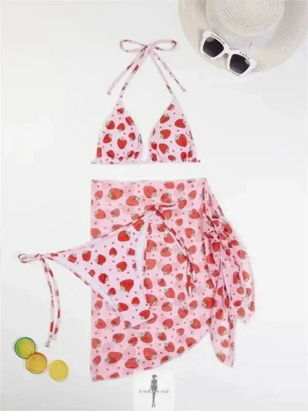 Comfort waistband Strawberry Print Bikini Mesh Skirt Swimwear