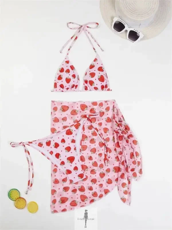 Strawberry Print Bikini Mesh Skirt Swimwear Vacation Style