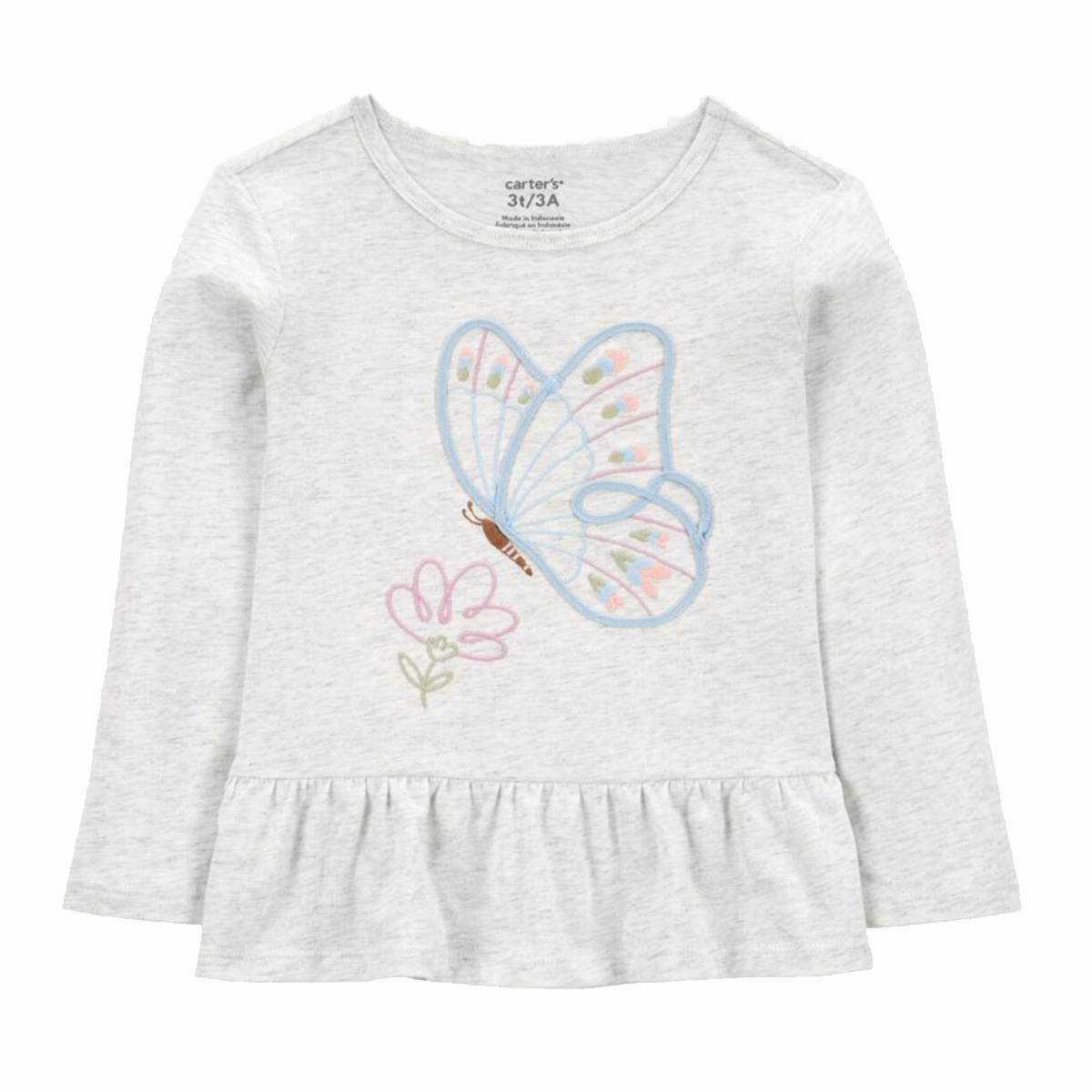 NonChafingEdges DoubleStitched Toddler Girls' Butterfly Jersey Long-Sleeve Peplum Top - Grey 2S013010